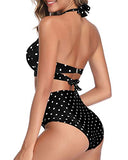 Emoswim - Adjustable Self-Tie Halter Neck Vintage High Waisted Bikini-Black Dot