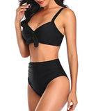 Emoswim - Maillots de bain sexy pour femmes, contrôle du ventre, ruchés, à nouer, ensembles de bikini taille haute - Noir