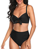 Emoswim - Maillots de bain sexy pour femmes, contrôle du ventre, ruchés, à nouer, ensembles de bikini taille haute - Noir