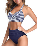 Emoswim - Maillot de bain bikini deux pièces taille haute ruché à licou - Rayures bleues et blanches