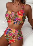 Emoswim - Women's High Waisted Bikini Sets One Shoulder Floral Print Swimsuits 2 piece Tummy Control Bathing Suits