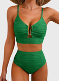 Emoswim - Summer Two Piece Bikini Set U-Wire Cutout High Waisted Swimsuit-Green