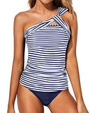 Emoswim – Stylischer One Shoulder Tankini Zweiteiler für Damen mit Shorts – Blau-weiß gestreift