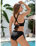 Emoswim - Women's Bikini Set Petal Hollow V Neck Two Piece Swimsuit-Black