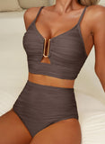 Emoswim - Summer Two Piece Bikini Set U-Wire Cutout High Waisted Swimsuit-Brown