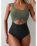 Emoswim – Damen Einteiler mit Bauchkontrolle, schlankmachender Badeanzug, Cut-Out, Bindeknoten-Badekleidung – Grün