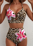 Emoswim - 2026 Summer Two Piece Bikini Set U-Wire Cutout High Waisted Swimsuit-Leopard Pink Lily