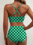Emoswim - Summer Two Piece Bikini Set U-Wire Cutout High Waisted Swimsuit-Green Checkered
