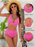 Emoswim - Women Embroidery Print High Waisted Bikini Sets V Neck Tummy Control Bathing Suit Two Piece Curvy Swimsuits