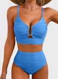 Emoswim - Summer Two Piece Bikini Set U-Wire Cutout High Waisted Swimsuit-Sky Blue