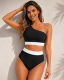 Emoswim - One Shoulder High Waisted Bikini Sets Two Piece Swimsuit Tummy Control-Black White