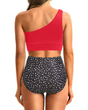Emoswim - One Shoulder High Waisted Bikini Sets Two Piece Swimsuit Tummy Control-Red Dot