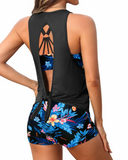Emoswim – Damen 3-teiliger Tankini mit U-Ausschnitt und überkreuzten Trägern – Blau Rot