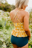 Emoswim - Peplum Tankini Swim In Mustard Daisy