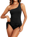Emoswim-Women One Piece Swim Dress One Shoulder Swimsuit with Skirt-Leopard
