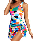Emoswim-Women One Piece Swim Dress One Shoulder Swimsuit with Skirt-Color Block