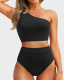 Emoswim-High-Waist One-Shoulder Tummy Control Bikini Set-Black