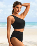 Emoswim-High-Waist One-Shoulder Tummy Control Bikini Set-Black