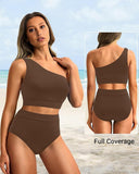Emoswim-High-Waist One-Shoulder Tummy Control Bikini Set-Coffee
