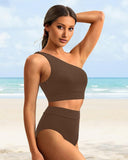Emoswim-High-Waist One-Shoulder Tummy Control Bikini Set-Coffee