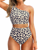 Emoswim-High-Waist One-Shoulder Tummy Control Bikini Set-Leopard