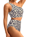 Emoswim-High-Waist One-Shoulder Tummy Control Bikini Set-Leopard