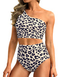 Emoswim-High-Waist One-Shoulder Tummy Control Bikini Set-Leopard