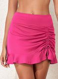 Emoswim-White Solid Color High Waist Pleated Skirt With One Side Tie Swim Short-Pink