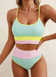 Emoswim Damen 2-teiliger Bikini-Set Hohe Taille Farbblock Badeanzug Strand Gerippter Badeanzug