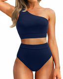 Emoswim-High-Waist One-Shoulder Tummy Control Bikini Set-White