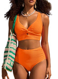 Emoswim-Ribbed Twist-Front Longline High-Waist Bikini Set DGHW2901-Orange