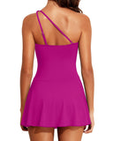 Emoswim - Women One Piece Swim Dress One Shoulder Swimsuit with Skirt-Pink