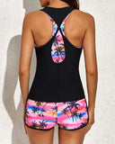 EMOSWIM - Maillots de Bain 3 Pièces Tankini avec Short et Dos Nageur Pink Palm