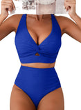 Emoswim-Ribbed Twist-Front Longline High-Waist Bikini Set DGHW2901-Royal Blue