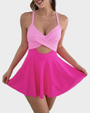 Emoswim-V-Neck Cutout One-Piece Swimdress with Tummy Control