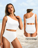 Emoswim-High-Waist One-Shoulder Tummy Control Bikini Set-White