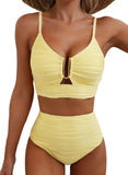 Emoswim-High-Waisted Tummy Control Bikini Set Textured U-Wire Cutout Swimwear HWTC2301-Yellow Cream