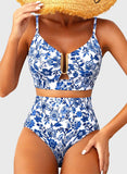 Emoswim - Summer Two Piece Bikini Set U-Wire Cutout High Waisted Swimsuit-Blue Floral