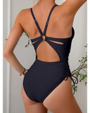 Emoswim - Maillot de bain une pièce pour femme, contrôle du ventre, pour l'été et la plage, col en V, dos en O, couleur unie - Noir