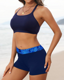 Emoswim - Women's 3 Piece Scoop Neck Criss Cross Tankini Swimsuits-Blue Paisley