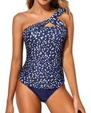 Emoswim – Figurschmeichelnder One-Shoulder-Tankini mit Rückenausschnitt und ohne Träger – Marineblau gepunktet