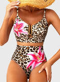 Emoswim - Summer Two Piece Bikini Set U-Wire Cutout High Waisted Swimsuit-Leopard Pink Lily