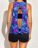 Emoswim - Women's 3 Piece Scoop Neck Criss Cross Tankini Swimsuits-Blue Purple Leaves