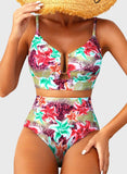 Emoswim - Summer Two Piece Bikini Set U-Wire Cutout High Waisted Swimsuit-Green Pink Lily