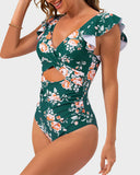 Emoswim - Ruffle Sleeve Cut-Out Ruched One-Piece Swimsuit